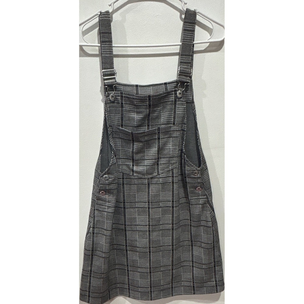 Divided 6 Gray Black Plaid Twill Pinafore Dress Adjustable Straps Button